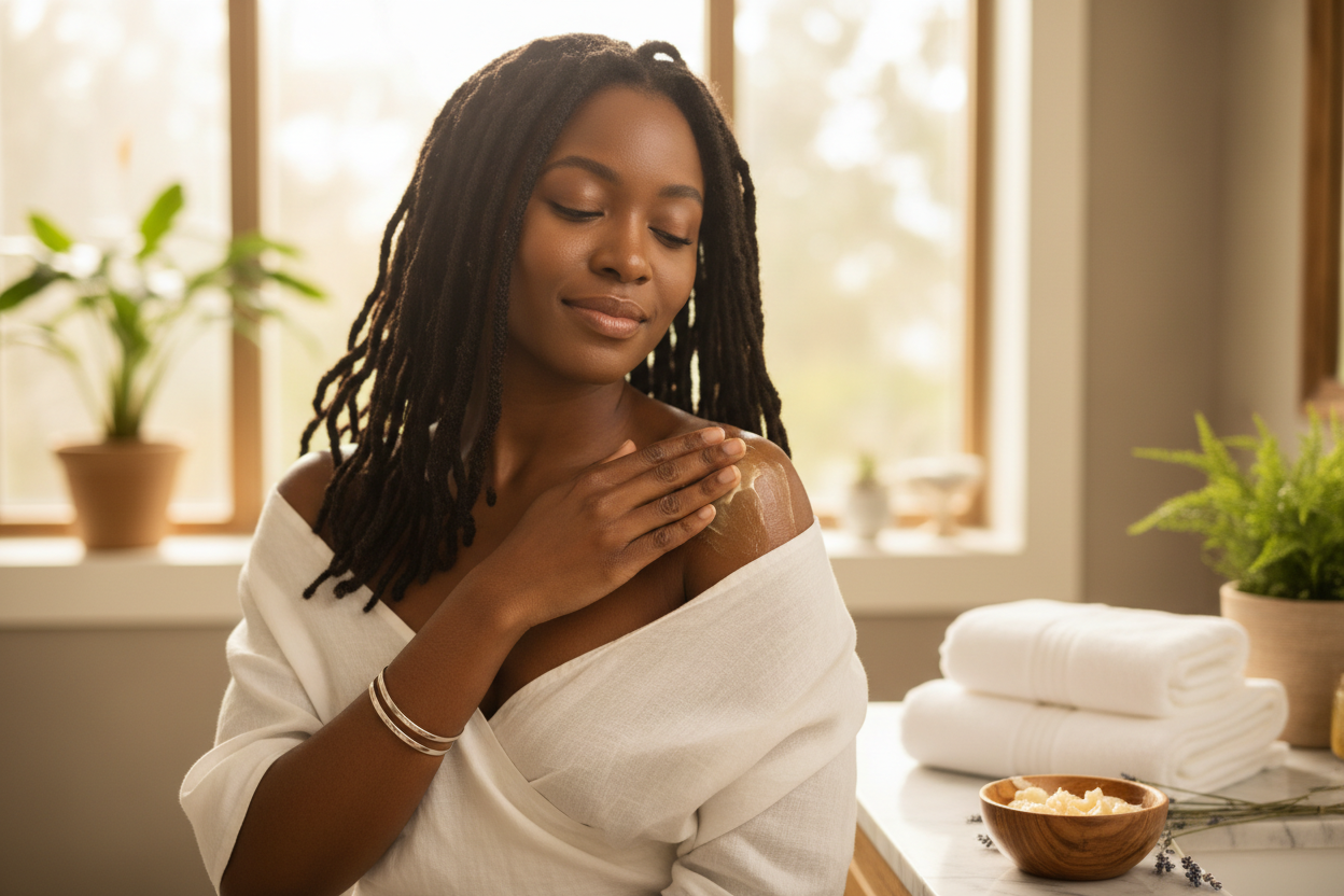 she is applying shea butter to her shoulders
